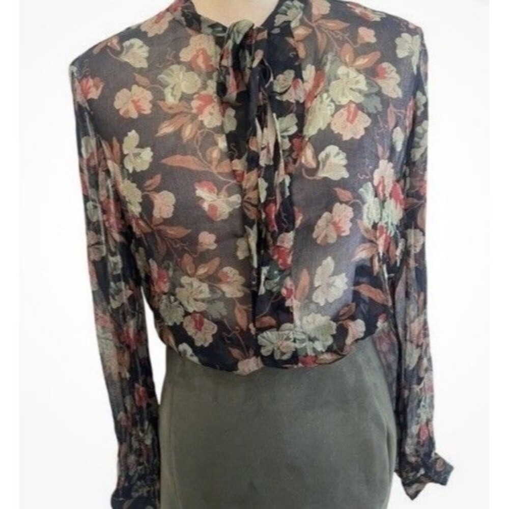 Polo Ralph Lauren Silk Floral Tie Neck Sheer Blouse Black Green Sz 2 Long Sleeve